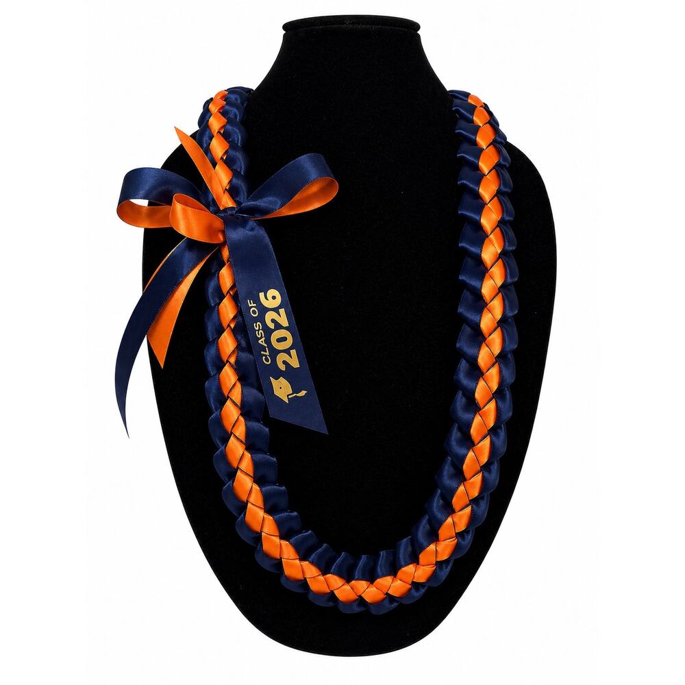 🎓 Navy & Orange Graduation Lei – Class of 2026 Ribbon Lei